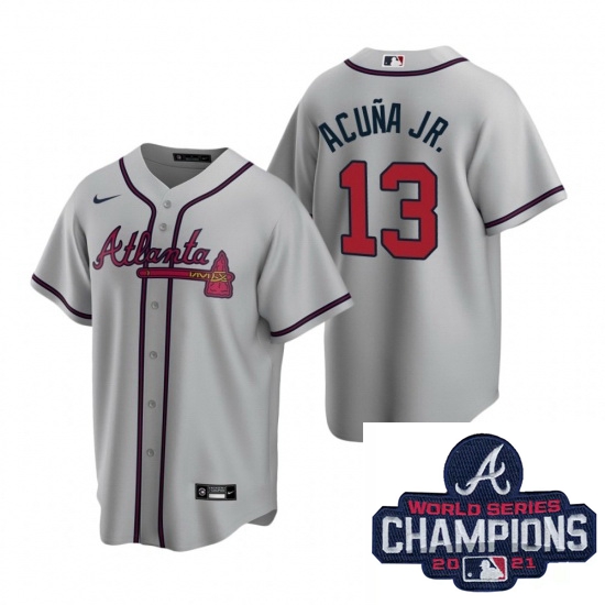 Men Nike Atlanta Braves 13 Ronald Acuna Jr Gray Road Stitched Baseball Stitched MLB 2021 Champions P