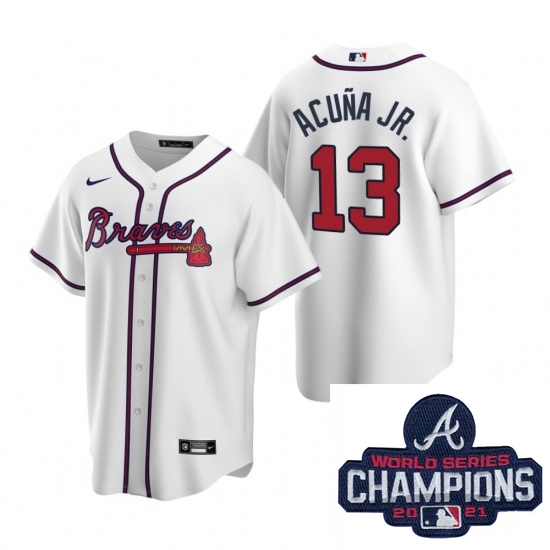 Men Nike Atlanta Braves 13 Ronald Acuna Jr White Home Stitched Baseball Stitched MLB 2021 Champions 