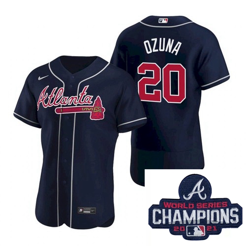 Men Nike Atlanta Braves 20 Marcell Ozuna Navy Blue Alternate Stitched Baseball Stitched MLB 2021 Cha