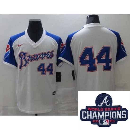 Men Nike Atlanta Braves 44 Hank Aaron Authentic White Cool Base MLB Stitched MLB 2021 Champions Patc