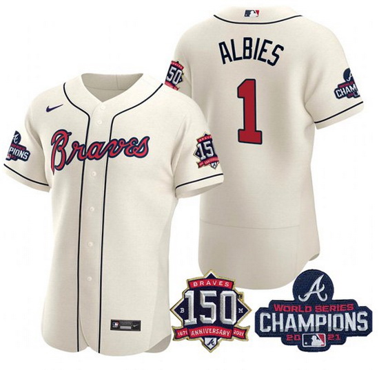 Men's Cream Atlanta Braves #1 Ozzie Albies 2021 World Series Champions With 150th Anniversary Flex B