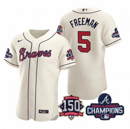 Men's Cream Atlanta Braves #5 Freddie Freeman 2021 World Series Champions With 150th Anniversary Fle