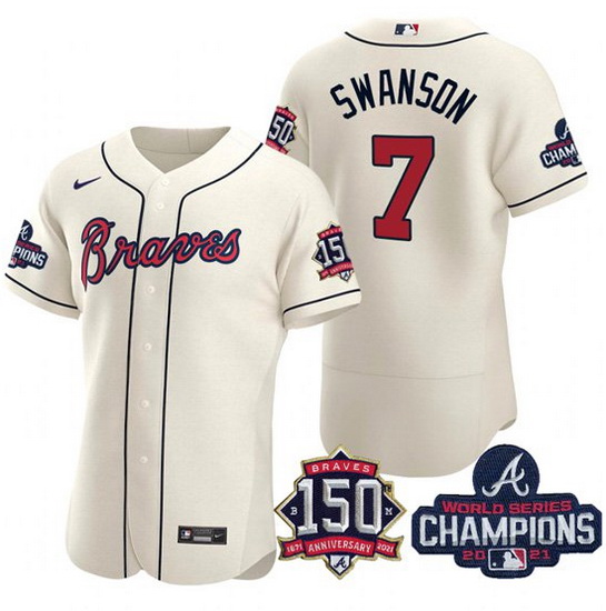 Men's Cream Atlanta Braves #7 Dansby Swanson 2021 World Series Champions With 150th Anniversary Flex