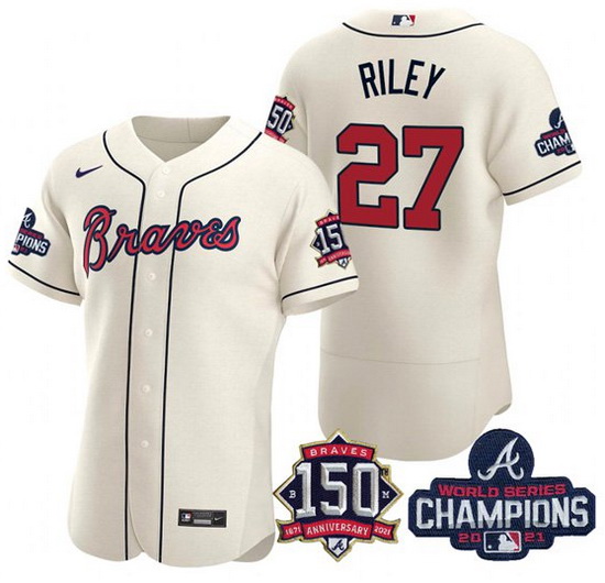 Men's Cream Atlanta Braves #27 Austin Riley Swanson 2021 World Series Champions With 150th Anniversa