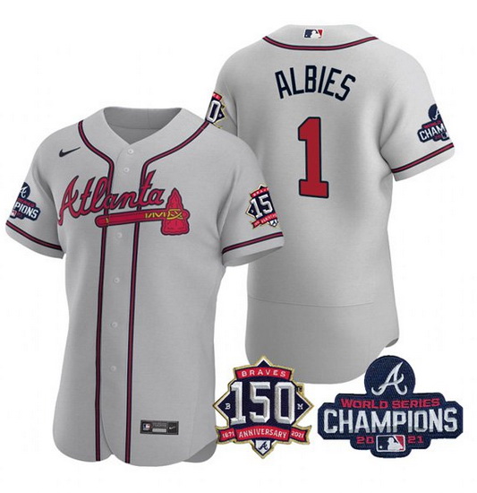 Men's Grey Atlanta Braves #1 Ozzie Albies 2021 World Series Champions With 150th Anniversary Flex Ba