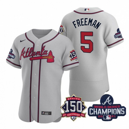 Men's Grey Atlanta Braves #5 Freddie Freeman 2021 World Series Champions With 150th Anniversary Flex