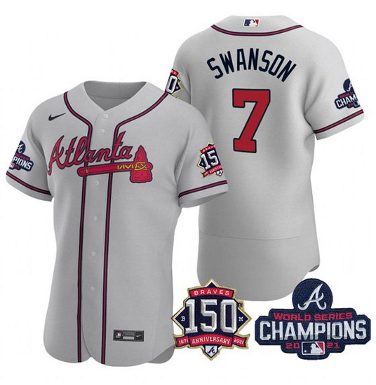 Men's Grey Atlanta Braves #7 Dansby Swanson 2021 World Series Champions With 150th Anniversary Flex 