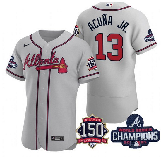 Men's Grey Atlanta Braves #13 Ronald Acuna Jr. 2021 World Series Champions With 150th Anniversary Fl