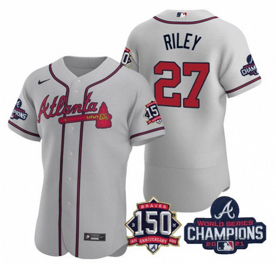 Men's Grey Atlanta Braves #27 Austin Riley Swanson 2021 World Series Champions With 150th Anniversar