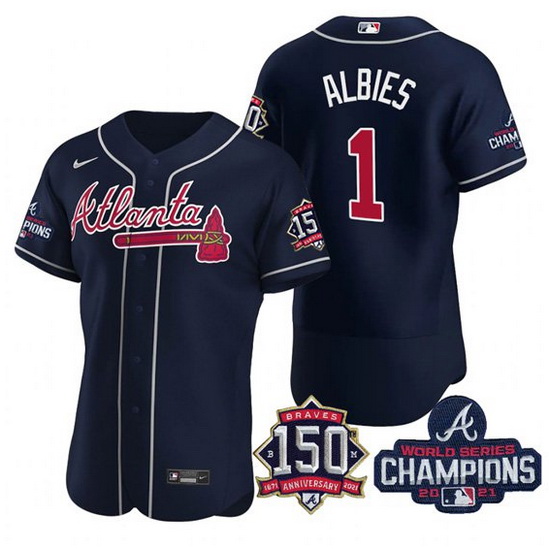 Men's Navy Atlanta Braves #1 Ozzie Albies 2021 World Series Champions With 150th Anniversary Flex Ba