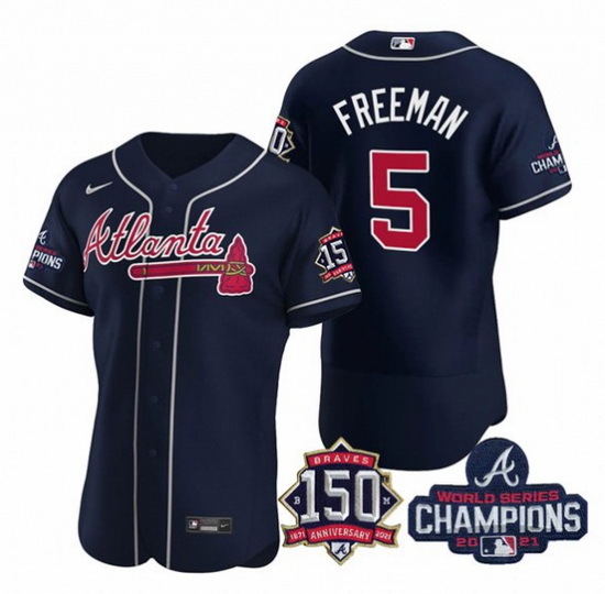 Men's Navy Atlanta Braves #5 Freddie Freeman 2021 World Series Champions With 150th Anniversary Flex