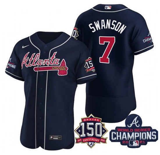 Men's Navy Atlanta Braves #7 Dansby Swanson 2021 World Series Champions With 150th Anniversary Flex 