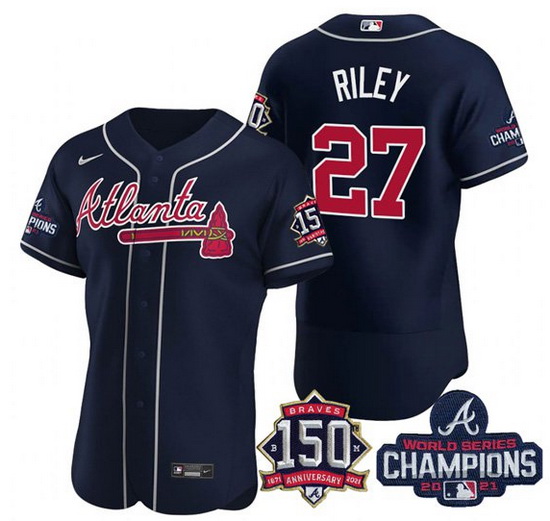 Men's Navy Atlanta Braves #27 Austin Riley Swanson 2021 World Series Champions With 150th Anniversar