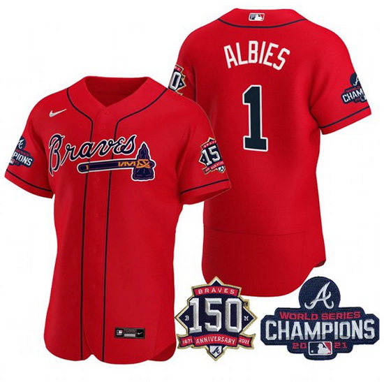 Men's Red Atlanta Braves #1 Ozzie Albies 2021 World Series Champions With 150th Anniversary Flex Bas