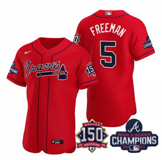 Men's Red Atlanta Braves #5 Freddie Freeman 2021 World Series Champions With 150th Anniversary Flex 