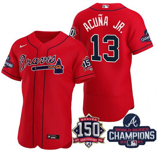 Men's Red Atlanta Braves #13 Ronald Acuna Jr. 2021 World Series Champions With 150th Anniversary Fle