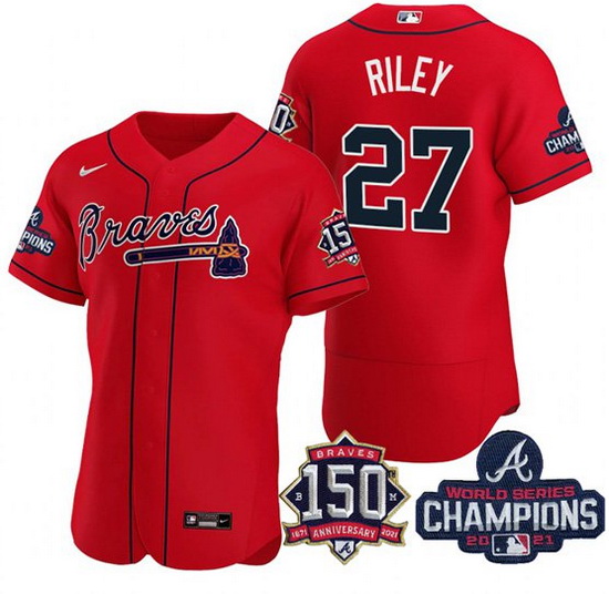 Men's Red Atlanta Braves #27 Austin Riley Swanson 2021 World Series Champions With 150th Anniversary