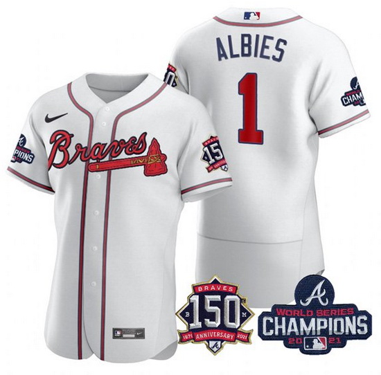 Men's White Atlanta Braves #1 Ozzie Albies 2021 World Series Champions With 150th Anniversary Flex B