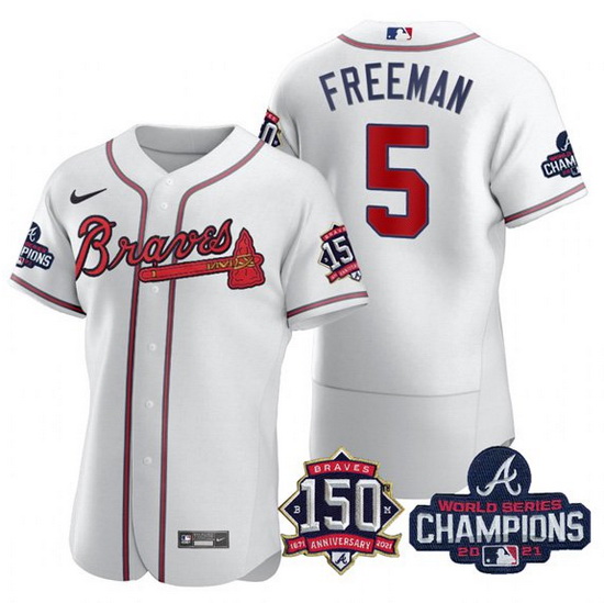 Men's White Atlanta Braves #5 Freddie Freeman 2021 World Series Champions With 150th Anniversary Fle