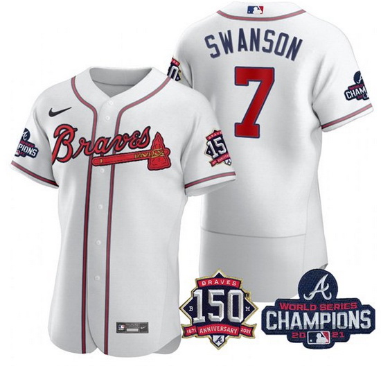 Men's White Atlanta Braves #7 Dansby Swanson 2021 World Series Champions With 150th Anniversary Flex