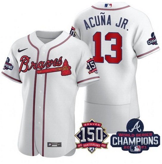 Men's White Atlanta Braves #13 Ronald Acuna Jr. 2021 World Series Champions With 150th Anniversary F