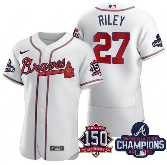 Men's White Atlanta Braves #27 Austin Riley Swanson 2021 World Series Champions With 150th Anniversa