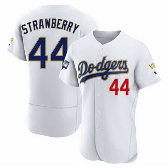 Men Nike Los Angeles Dodgers Darryl Strawberry #44 Gold Program VII White Flex Base Stitched Champio