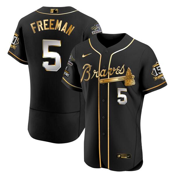 Men Atlanta Braves 5 Freddie Freeman Black Golden World Series Champions With 150th Anniversary Patc