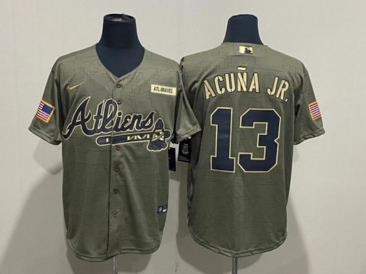 Men Atlanta Braves 13 Ronald Acuna Jr  2021 Camo Salute To Service Cool Base Stitched Jersey