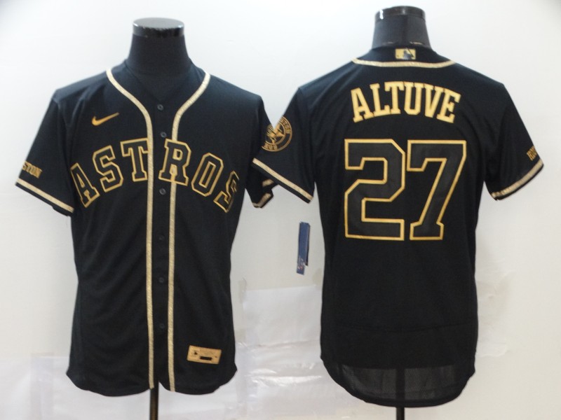 Men Houston Astros 27 Jose Altuve 2020 Black Golden Flex Base Stitched MLB Jersey