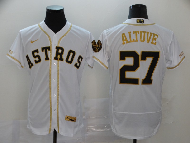 Men Houston Astros 27 Jose Altuve 2020 White Golden Flex Base Stitched MLB Jersey