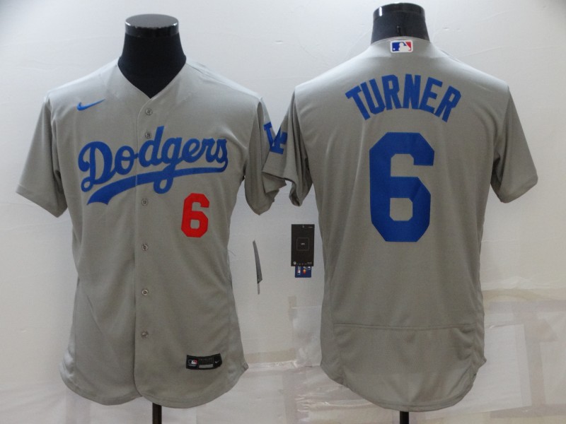 Men Los Angeles Dodgers 6 Trea Turner Grey Flex Base Stitched Jersey