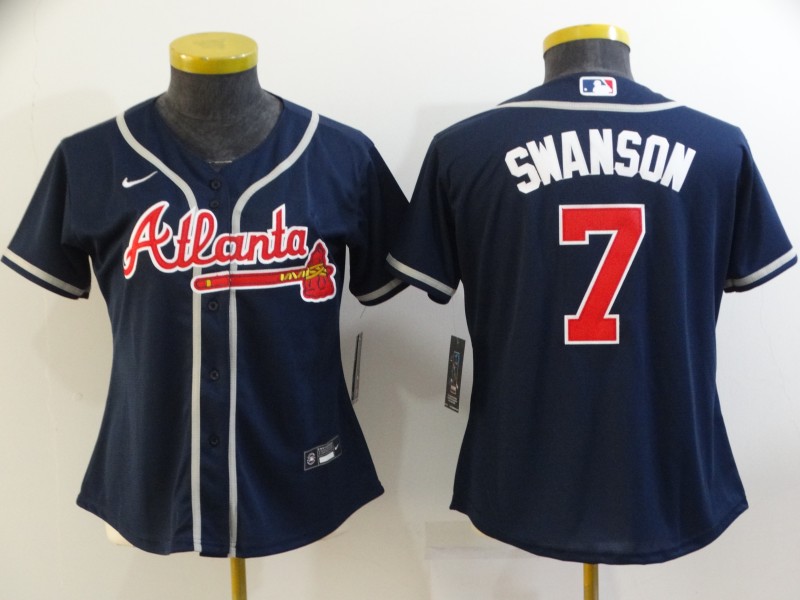 Women Navy Atlanta Braves 7 Dansby Swanson Cool Base MLB Stitched Jersey