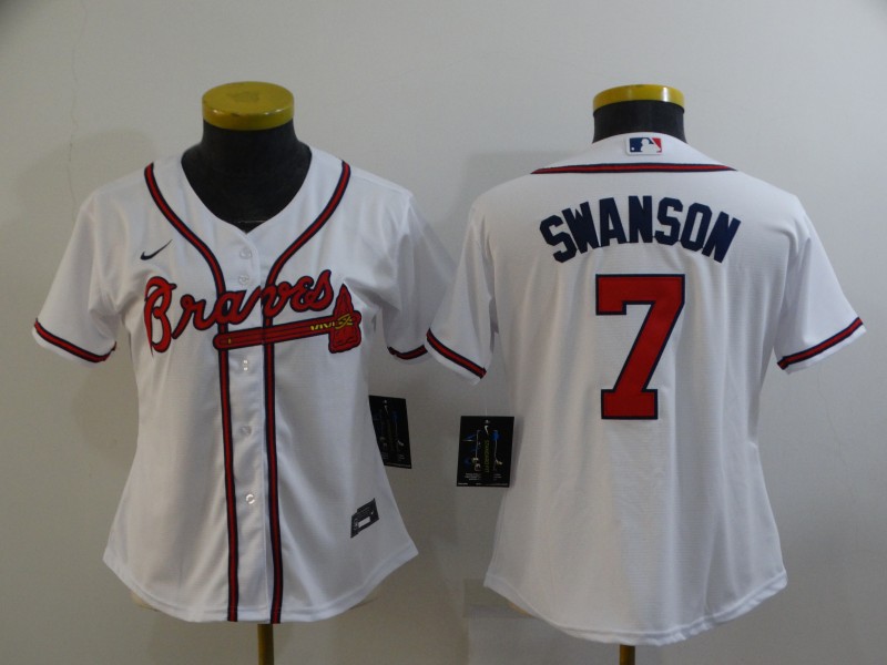 Women White Atlanta Braves 7 Dansby Swanson Cool Base MLB Stitched Jersey