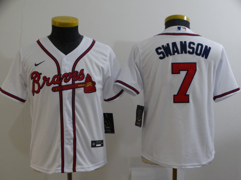 Youth White Atlanta Braves 7 Dansby Swanson Cool Base MLB Stitched Jersey