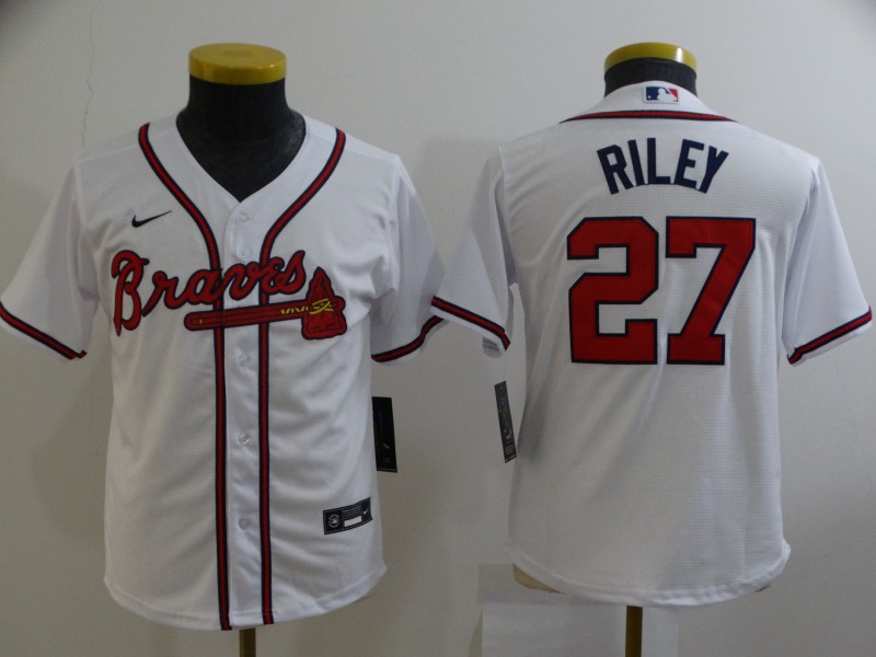 Youth White Atlanta Braves 27 Austin Riley Cool Base MLB Stitched Jersey