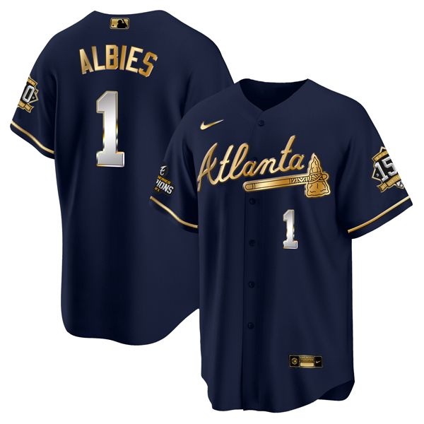 Men Atlanta Braves 1 Ozzie Albies 2021 Navy Gold World Series Champions With 150th Anniversary Patch