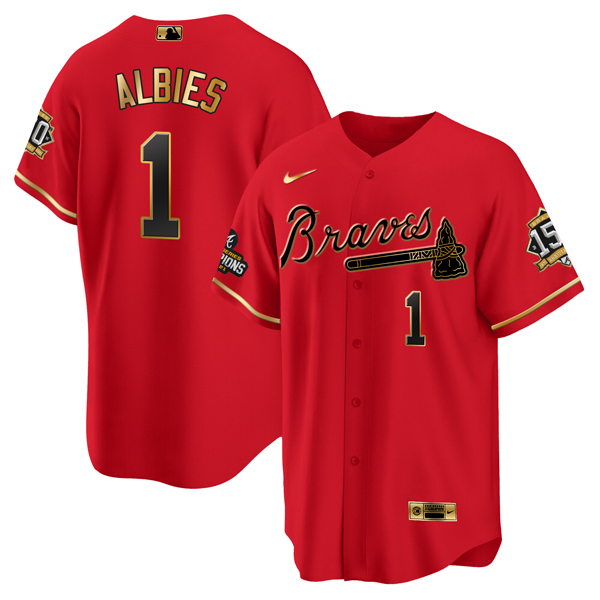 Men Atlanta Braves 1 Ozzie Albies 2021 Red Gold World Series Champions With 150th Anniversary Patch 