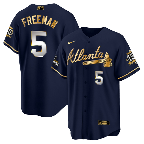 Men Atlanta Braves 5 Freddie Freeman 2021 Navy Gold World Series Champions With 150th Anniversary Pa