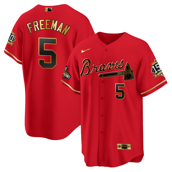 Men Atlanta Braves 5 Freddie Freeman 2021 Red Gold World Series Champions With 150th Anniversary Pat