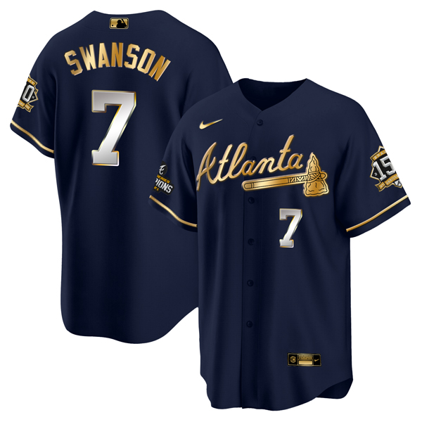 Men Atlanta Braves 7 Dansby Swanson 2021 Navy Gold World Series Champions With 150th Anniversary Pat