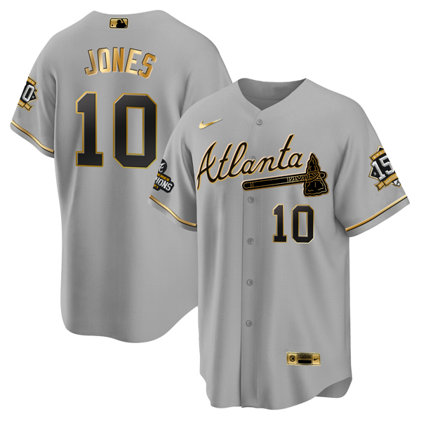 Men Atlanta Braves 10 Chipper Jones 2021 Grey Gold World Series Champions With 150th Anniversary Pat