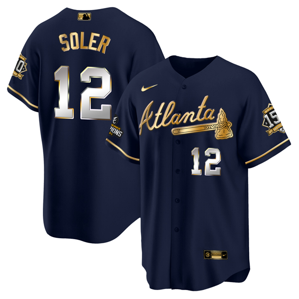 Men Atlanta Braves 12 Jorge Soler 2021 Navy Gold World Series Champions With 150th Anniversary Patch