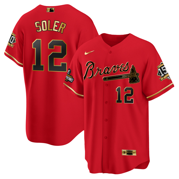 Men Atlanta Braves 12 Jorge Soler 2021 Red Gold World Series Champions With 150th Anniversary Patch 