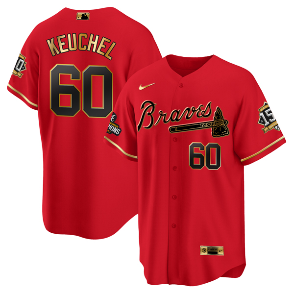 Men Atlanta Braves 60 Dallas Keuchel Red Gold World Series Champions With 150th Anniversary Patch Co