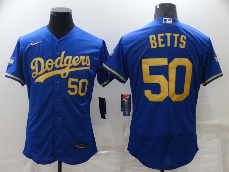 Men Los Angeles Dodgers 50 Mookie Betts Blue Gold 2020 World Series Flex Base Stitched Jersey