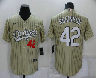 Men's Los Angeles Dodgers #42 Jackie Robinson Cream Pinstripe Stitched MLB Cool Base Nike Jersey