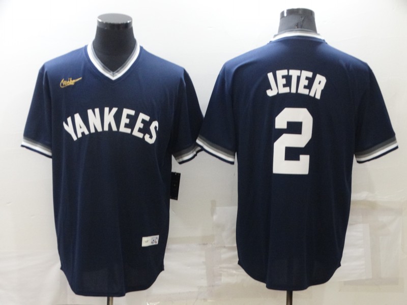 Men's New York Yankees #2 Derek Jeter Navy Blue Cooperstown Collection Stitched MLB Throwback Nike J