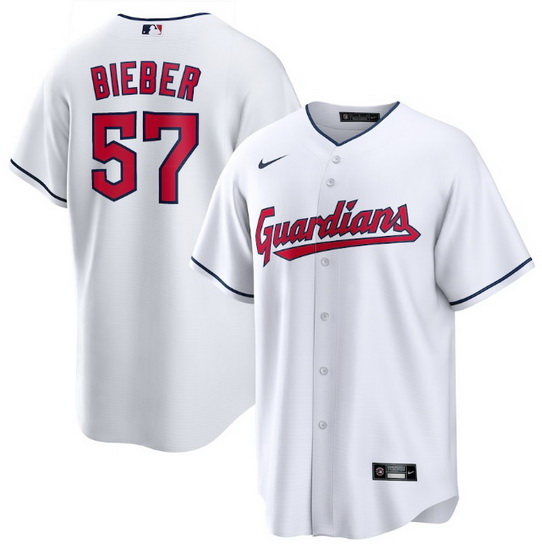 Men Cleveland Guardians 57 Shane Bieber White Cool Base Stitched Baseball jersey