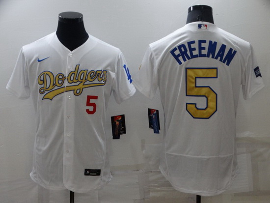 Men Los Angeles Dodgers 5 Freddie Freeman White Gold Flex Base Stitched jersey